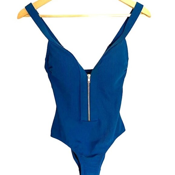 NWT Kona Sol Superior Blue Zipper Front Ribbed One Piece Swimsuit XSmall - Picture 1 of 6
